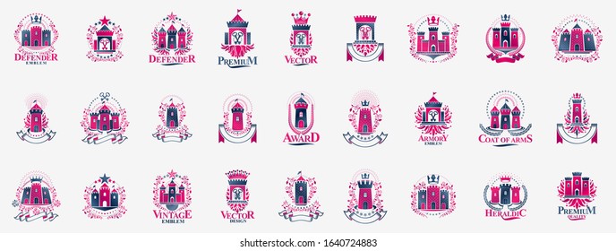 Castles logos big vector set, vintage heraldic fortresses emblems collection, classic style heraldry design elements, ancient forts and citadels.