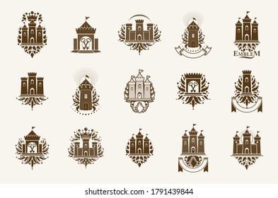 Castles logos big vector set, vintage heraldic fortresses emblems collection, classic style heraldry design elements, ancient forts and citadels.