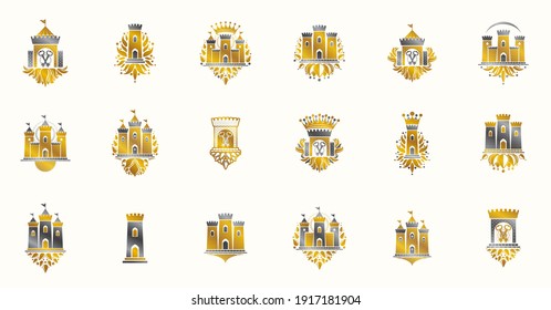 Castles logos big vector set, vintage heraldic fortresses emblems collection, classic style heraldry design elements, ancient forts and citadels.