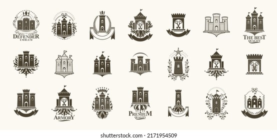Castles logos big vector set, vintage heraldic fortresses emblems collection, classic style heraldry design elements, ancient forts and citadels. svg