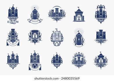 Castles logos big vector set, vintage heraldic fortresses emblems collection, classic style heraldry design elements, ancient forts and citadels.