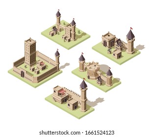 Castles low poly. Video game isometric assets medieval buildings from old rocks and bricks 3d houses vector old fort