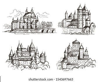 Castles. Medieval buildings for knights czech republic vintage castles old Prague architectural construction hand drawn set. Castle with tower, gothic famous sketch landmark illustration