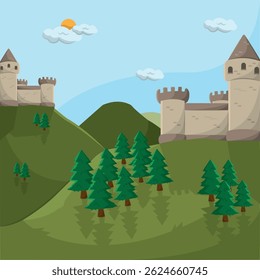 Castles on mountain hills. Vector illustration