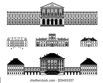 Castles, palaces and mansions vector illustration. Five black and white vector illustrations of castles, palaces and mansions