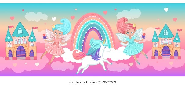 Castles, Princesses And Unicorn In The Clouds. Wallpaper For Kid Girl Room, With Vector Hand Drawn Illustrations With Magic Fairytale Theme