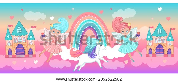 Castles, princesses and unicorn in the clouds. Wallpaper mural for kid girl room, with vector hand drawn illustrations with magic fairytale theme