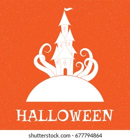 The castle's silhouette on a colored background. Card, invitation card for Halloween. Vector illustration.