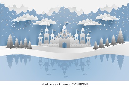 Castles and snow in the winter with a shadow on ice water. Illustration of the beauty of the castle with the concept of paper art