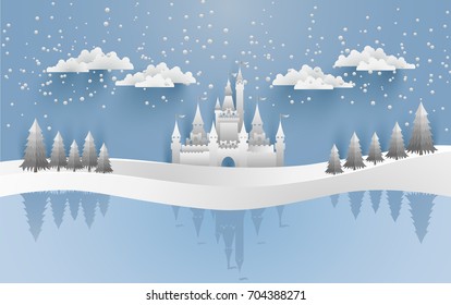 Castles and snow in the winter with a shadow on ice water. Illustration of the beauty of the castle with the concept of paper art