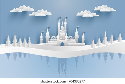 Castles and snow in the winter with a shadow on ice water. Illustration of the beauty of the castle with the concept of paper art