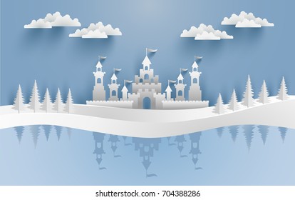Castles and snow in the winter with a shadow on ice water. Illustration of the beauty of the castle with the concept of paper art