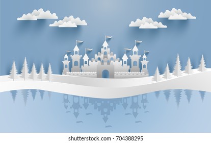 Castles and snow in the winter with a shadow on ice water. Illustration of the beauty of the castle with the concept of paper art
