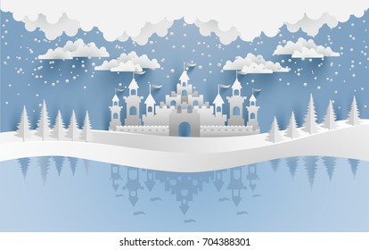 Castles and snow in the winter with a shadow on ice water. Illustration of the beauty of the castle with the concept of paper art