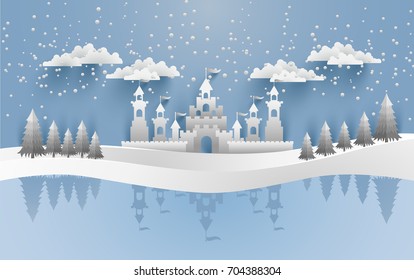 Castles and snow in the winter with a shadow on ice water. Illustration of the beauty of the castle with the concept of paper art