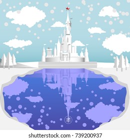 Castles and snow in the winter with a shadow on ice water. Illustration of the beauty of the castle with the concept of paper art