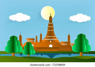 Castles of temple on river with shadow Illustration of concept of paper art.
