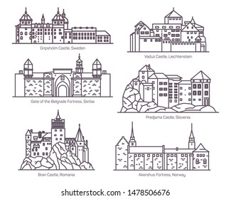 Castles in thin line. Europea architecture, medieval buildings. Gate of Belgrade fortress and Vaduz, Predjama and Gripsholm, Bran and Akershus. Norway and Liechtenstein, Sweden, Serba, Slovenia