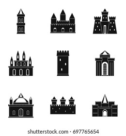 Castles and towers icon set. Simple style set of 9 castles and towers vector icons for web isolated on white background
