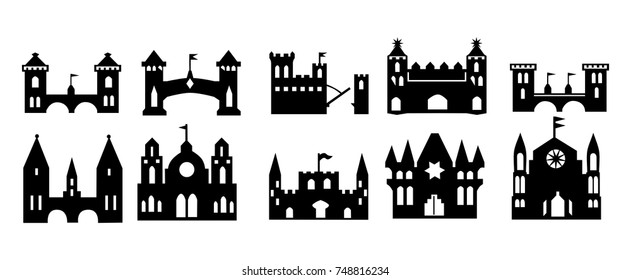 Castles and towers  icons set. Castle tower silhouette in black and white style. Knights, royal sign. Vector illustration