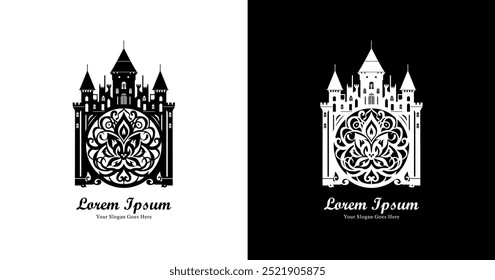 Castle-shaped logo design with a blend of carving styles