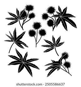 Castor leaves and fruits hand drawn silhouette stencil templates