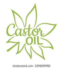 Castor Oil - drawn leaf and calligraphic text for labeling of essential oils or cosmetics products