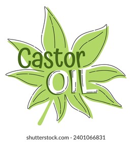 Castor Oil - drawn leaf in thin line and calligraphic text for labeling of essential oils or cosmetics products