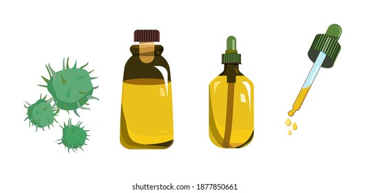 Castor oil in glass vial with cork and in bottle with dropper. Fruit for herbal medicine or beauty industry.Plant extract for cosmetology.Elixir or serum,lotion for hair and nails.Flat style vector