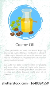 Castor oil info poster, jar with poured oily essence from seeds of ecological element for cosmetics. Hair growth and treatment, skincare and body care. Container with lotion for massage, vector