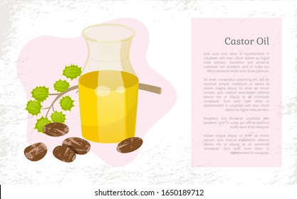 Castor oil info poster, jar with poured oily essence from seeds of ecological element for cosmetics. Hair growth and treatment, skincare and body care. Container with lotion for massage, vector