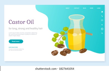 Castor oil info poster, jar with poured oily essence from seeds of ecological element for cosmetics. Hair growth and treatment, skincare and body care. Container with lotion for massage, vector