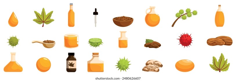 Proceso de obtención de aceite de ricino presentando semillas de plantas verdes y producto cosmético líquido en botellas y frascos