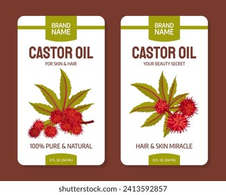 Diseño de etiquetas de aceite de planta de Castor con hojas y plantilla de vectores de Inflorescencia