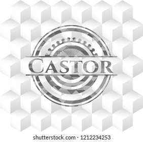 Castor retro style grey emblem with geometric cube white background