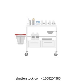 The castor table and wound dressings equipment on white background. 
