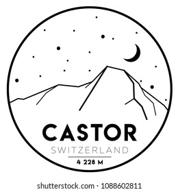 Castor. Vector illustration of Mountain in Europe. Peak. Pennine Alps. Travel, tourism. Black and white print design.