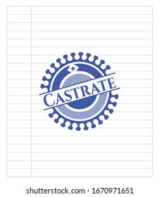 Castrate emblem draw with pen effect. Blue ink. Vector Illustration. Detailed.