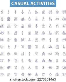 Casual activities line icons, signs set. Sports, Movies, Eating, Shopping, Games, Socializing, Hiking, Jogging, Exploring outline vector illustrations.