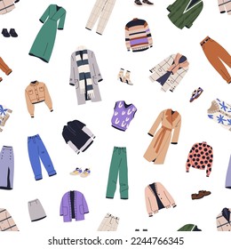 Casual apparel, seamless pattern. Endless background with women garments for fall. Warm clothes, footwear repeating print, texture design for textile, wrapping. Flat graphic vector illustration