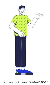 Casual asian man gesturing in lime green tshirt while speaking 2D cartoon character. Chinese guy in friendly and approachable pose flat vector person isolated on white. Spot illustration colorful