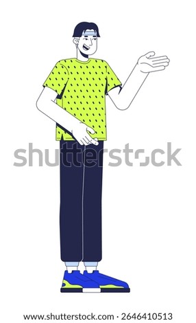 Casual asian man gesturing in lime green tshirt while speaking 2D cartoon character. Chinese guy in friendly and approachable pose flat vector person isolated on white. Spot illustration colorful