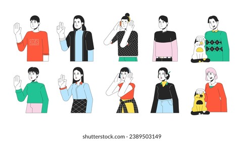 Casual asians 2D linear cartoon characters set. Japanese, korean adults isolated line vector people white background. Peace fingers, listening music, petting cat color flat spot illustration bundle