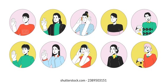 Casual asians 2D linear vector avatars illustration set. Japanese, korean adult women, men outline cartoon character faces collection. Chill out, petting cat flat color user profile images isolated
