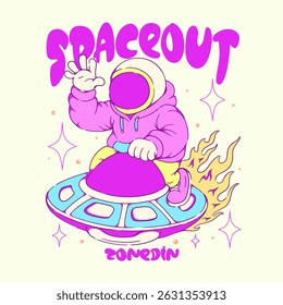 Casual Astronaut Character Flying In a UFO Plane for Streetwear T-shirt and Poster Art Design 