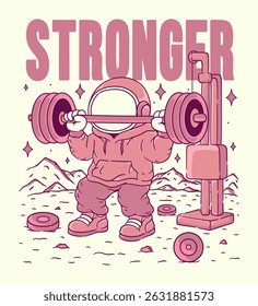 Casual Astronaut Character Lifting a Barbell, in Retro Urban Style Illustration for Streetwear and Poster Art Design