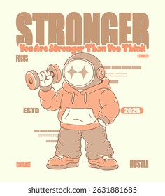 Casual Astronaut Character Lifting a Barbell, in Retro Urban Style Illustration for Streetwear and Poster Art Design