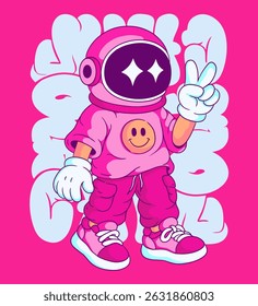 Casual Astronaut Character with Peace Sign, for Urban Streetwear T-shirt and Poster Art Design
