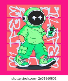 Casual Astronaut Character Walking Listening to Music, for Urban Streetwear T-shirt and Poster Art Design