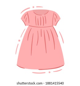 Casual baby girl pink dress with fluffy skirt - isolated vector illustration. Cute kids dress. Casual or party baby clothing, single clipart. Infant fashion - object of kid wardrobe